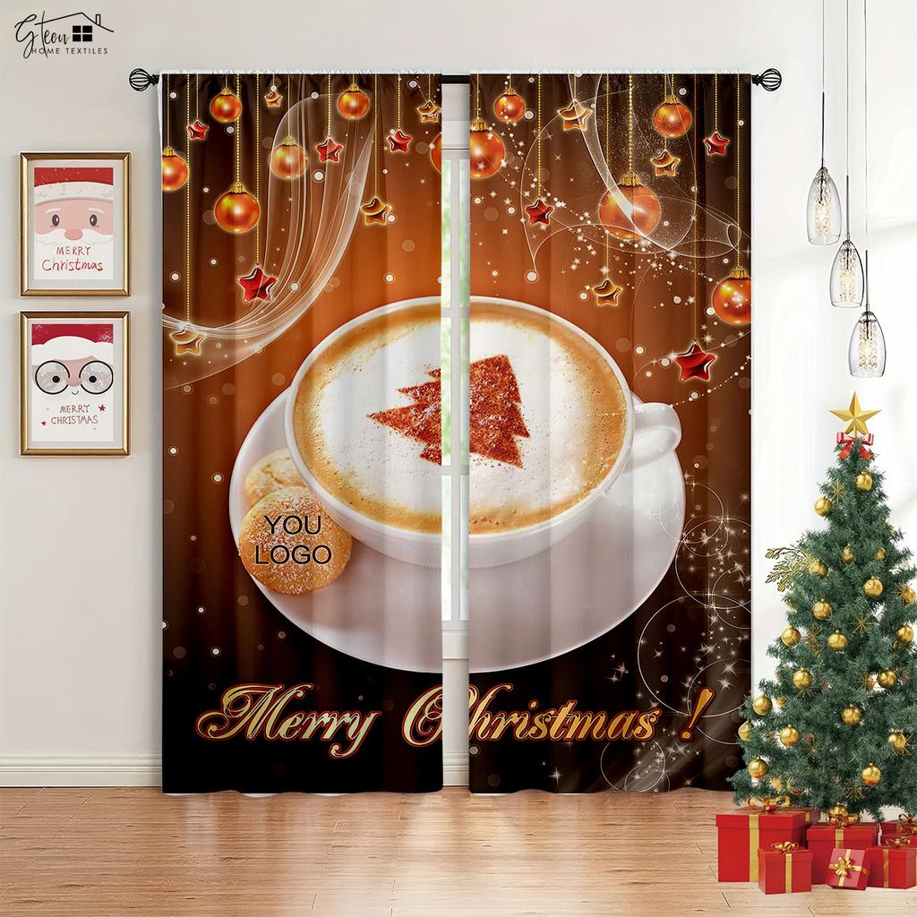2-Piece Christmas Decor Drapes Fireplace Christmas Tree Cartoon Print Design Bedchamber Dining Room Party Decoration Curtains
