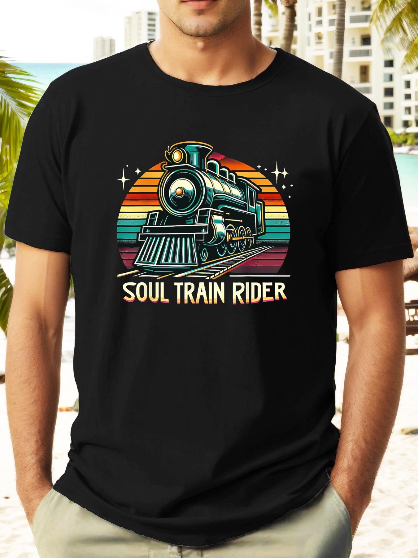 Soul Train Rider Graphic T-shirt - Black Short Sleeve Crewneck with Vibrant Locomotive Design L