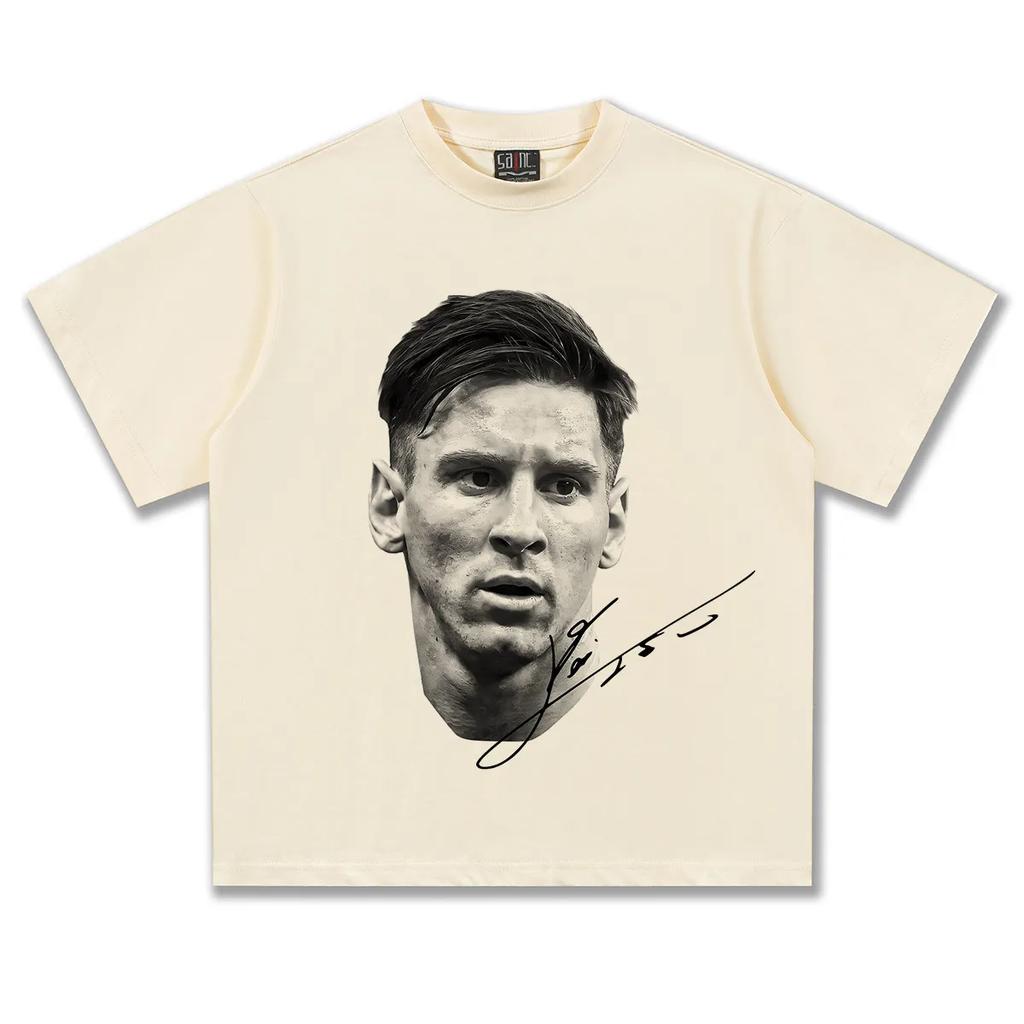 2025 Unisexs Short Sleeve Messi Messi American Football Head Vintage Print Fashion Loose Wash Heavy Short Sleeve Tshirt