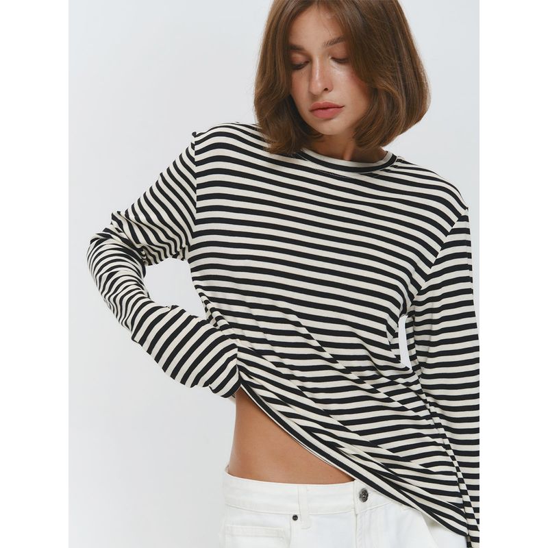 European and American New Fashion Casual Loose round Neck Stripe Long sleeves Shirt Top Long Sleeved T-shirt
