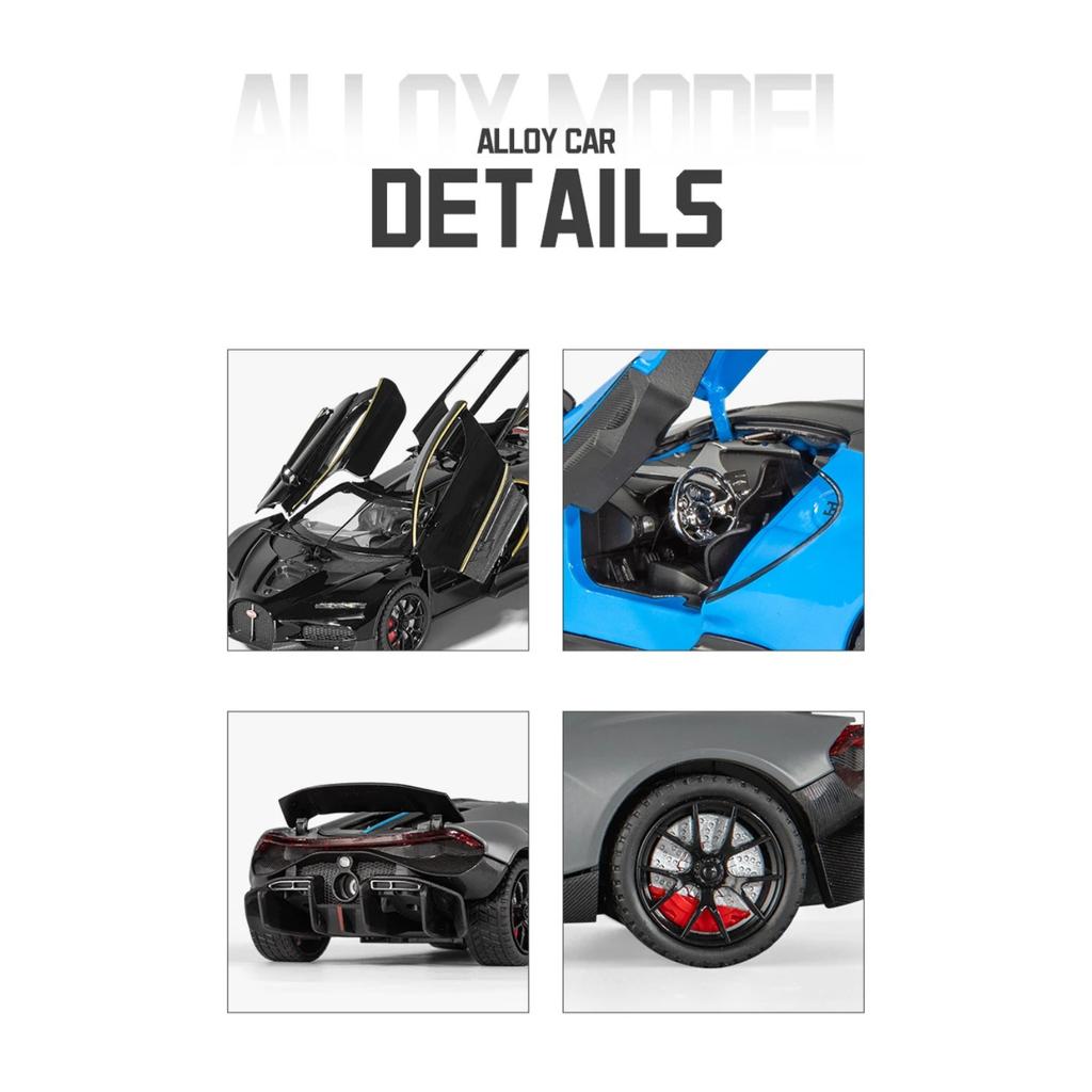 1/24 Bugatti Tourbillon With Spray Supercar Alloy Muscle Car Model Sound and Light Pull Back Children's Toy Collectibles Birthday gift