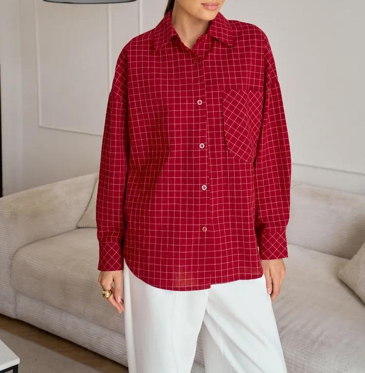2026 New Women's Plaid Long-Sleeve Loose Fit Plus Size Shirt - Casual & Work Style