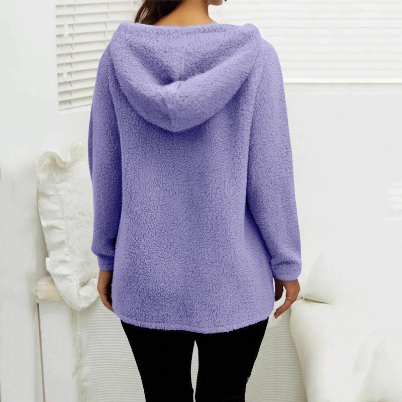 Women S Loose Plush Long Sleeve Hooded Zip Up Cardigan Coat