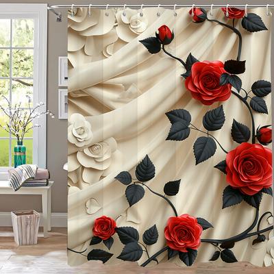 1 Piece Romantic Red Rose Flowers Shower Curtain, Bathroom Decorative Shower Curtain,Printed Polyester Home Curtain with Hooks