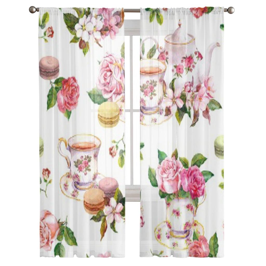 Watercolor Macaroons Rose Blossom Cherry Cakes Teacup Sheer Curtains Living Room Tulle Window Curtain Bedroom Kitchen Drapes