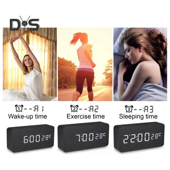 Dřevěný budík s velkým LED displejem Snadno čitelný Stmívatelný Odložení Digitální budík s ukazatelem teploty