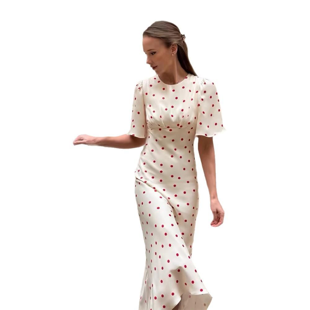 Summer Women's Clothing French Temperament Elegant Style Slim Polka Dots Waist Thin Versatile Lady Long Dress Dress Fashion