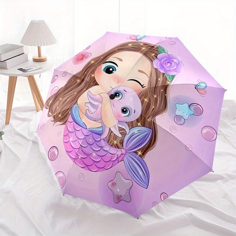 Meerjungfrau, Fantasy Automatischer Faltregenschirm Einfaches 8-Rippen-Design, Helles Cartoon-Muster, Langlebiger Eisenrahmen, Geeignet für Reisen, Outdoor, B