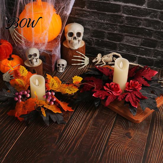 Reusable Plastic Props Halloween Floral Candle Ring, Artificial Maple Rose Wreath for Indoor Outdoor Holiday Decor Holder, Spooky Table Centerpiece