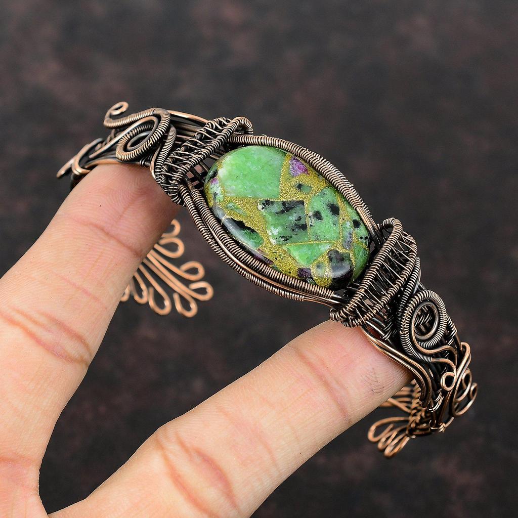Copper Ruby Zoisite Cuff Bracelet Copper Wire Wrapped Bangle Adjustable Cuff Handmade Jewelry Gemstone Stylish Bangle Wire Wrap Jewelry Gift