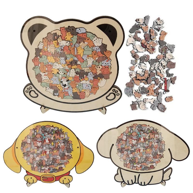 Dog Bear Shaped Puzzle With Animal Shards Wooden Jigsaw Puzzle Unique Irregular Animal Decorations Collectible Gift Challenging