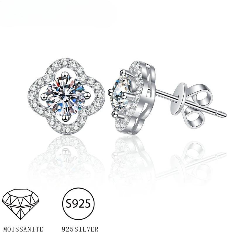 925 Sterling Silver D Color Moissanite Stud Earrings for Women Flower Four-leaf Clover Style 1CT Wedding Fine Jewelry Gifts