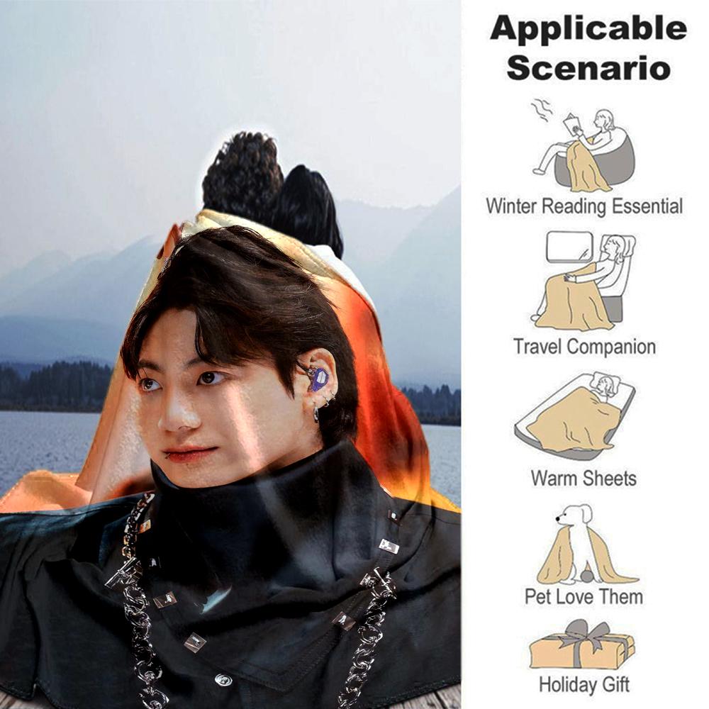 1Pc Bts Jung Kook Print Blanket Soft Comfortable Polyester Blanket All Season Use Bedroom Office Outdoor Ideal Christmas Gift Choice Print Home Blanke