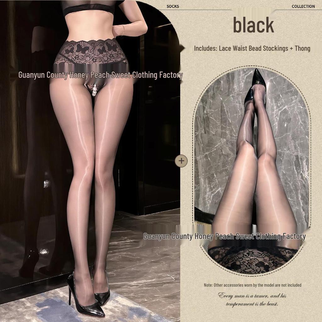 Shiny Black Pearl Lingerie Bodysuit with Lace Waist, See-Through Design, and Open Crotch.