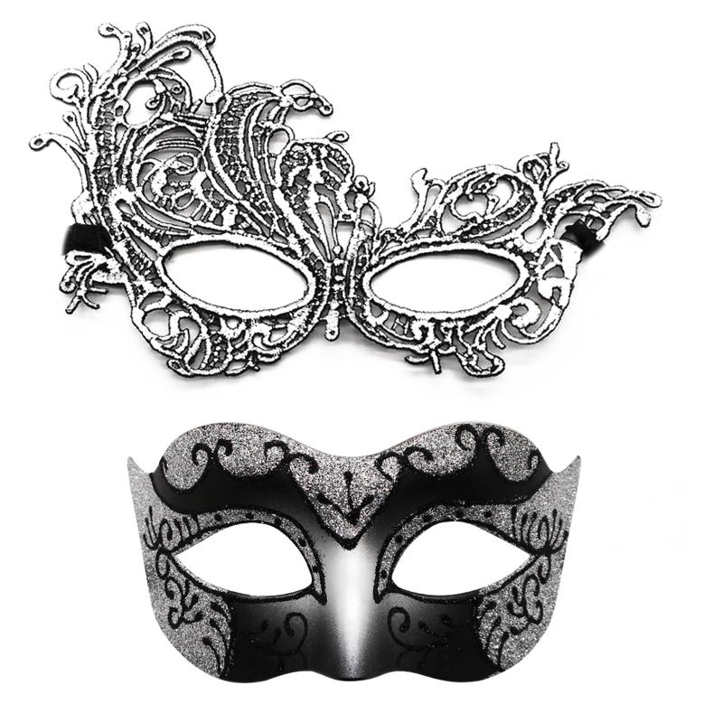 

2Pcs Elegant Black Lace Masquerade Mask Set For Couples Perfect For Venetian Party Mardi Gras And Halloween Celebrations серебряный
