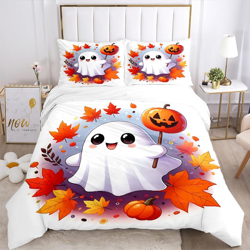3pcs Happy Ghosts & Pumpkins Quilt Set Soft and Comfortable Bedroom, and Dorm Decor Bedding Set 1 Quilt Cover + 2 Pillowcases.L052