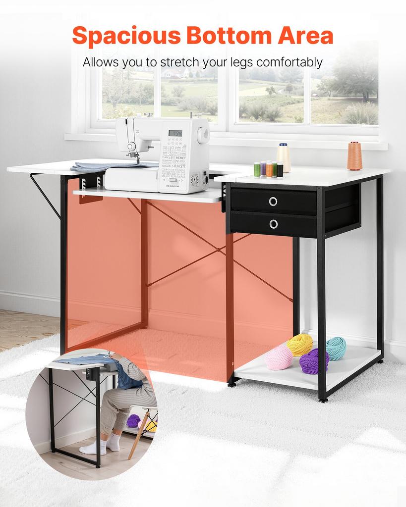 VEVOR Sewing Table, Multipurpose Sewing Machine Table with Drawers, Foldable Side Shelf, Adjustable Shelf, Steel Legs, Computer Desk for Home