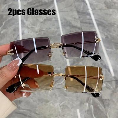2pcs Fashion Women Rectangle Rimless Sunglasses Square Vintage Glass Luxury Goggles Unisex Retro Frame Gradient Traveling Eyewear