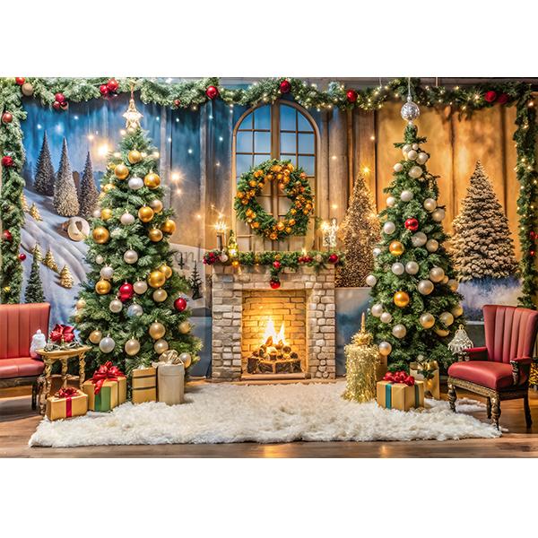 Beenle Christmas Photography Backdrop Xmas Tree Fireplace Gifts Family Party Decor Kids Portrait Background Decor Photo Studio