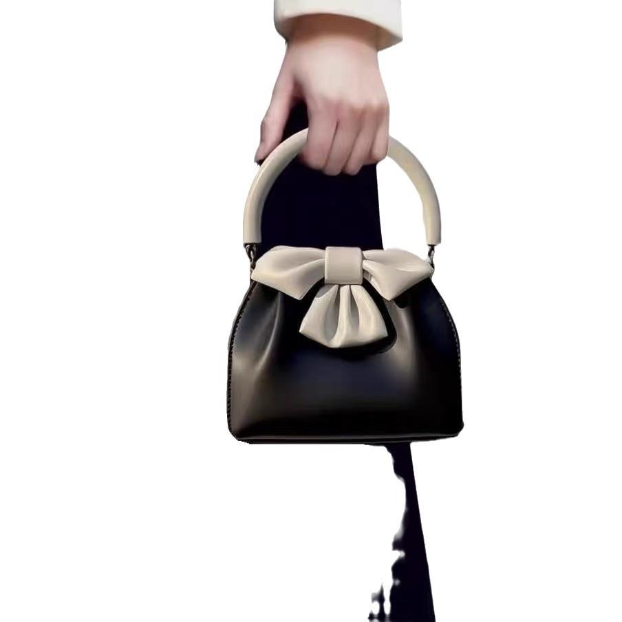 Women's Black Bow Pleated Color Block Handbag - 2025 French Chic