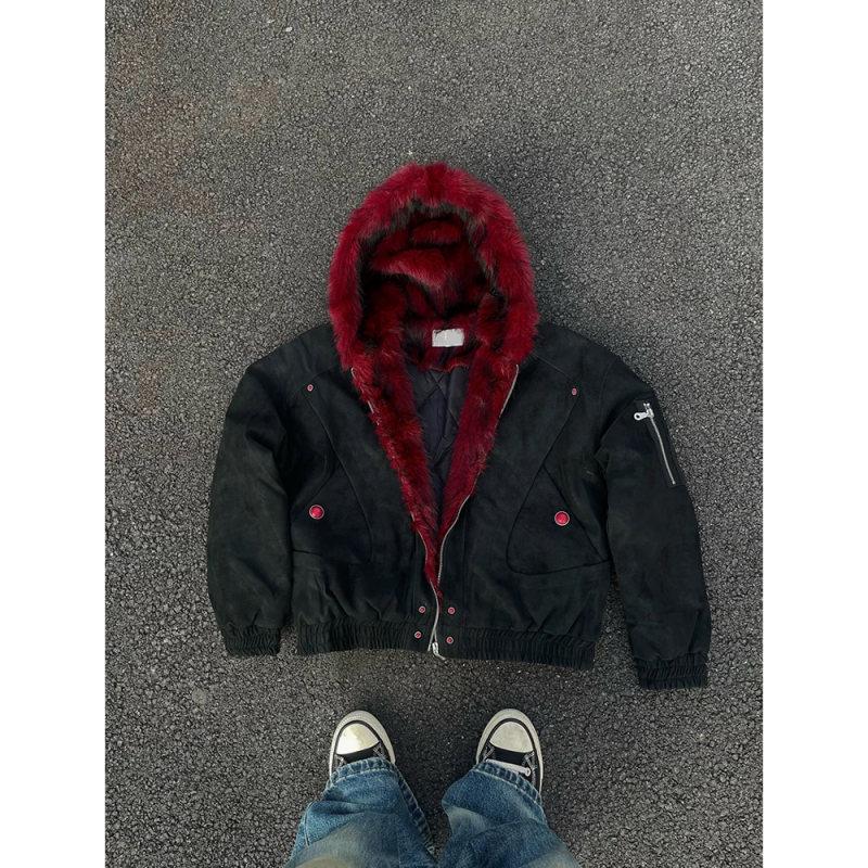 Men's Retro Red Fur Collar PU Leather Cotton Jacket - Heavyweight, Plus Velvet, Thickened, Warm