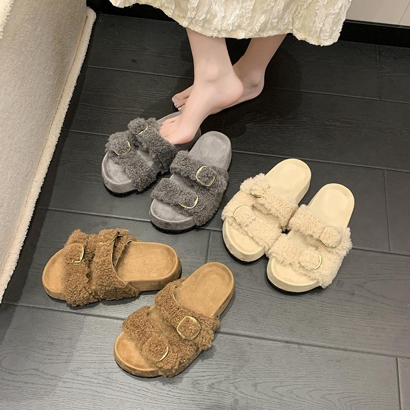 Internet celebrity thick bottom one-word button fluffy slippers women's wear 2025 autumn and winter new velvet warm non-slip Birkenstock cotton mop