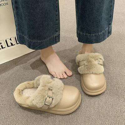 Waterproof Eva Thick Bottom Furry Clogs Women 2025 Winter Metal Buckle Fluffy Fur Outdoor Slippers Woman's Warm Plush Slippers