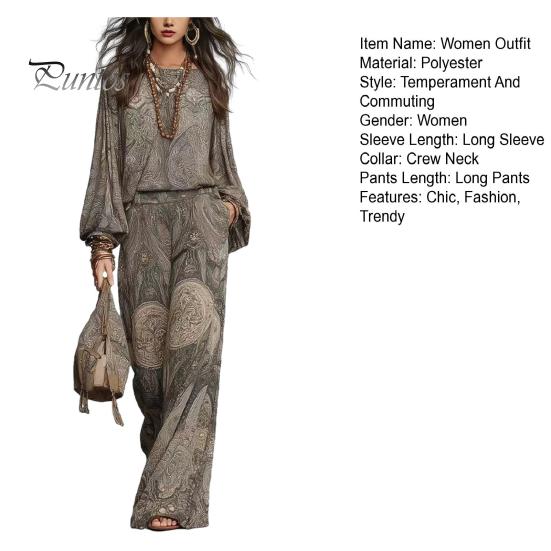 Atmungsaktive Stoffkleidung Boho-Print 2-teilige Sets für Damen, Lässiges Langarm-Oberteil Figurschmeichelndes Outfit für Birnenform, Weite Hosen Passende Sets, Sommer