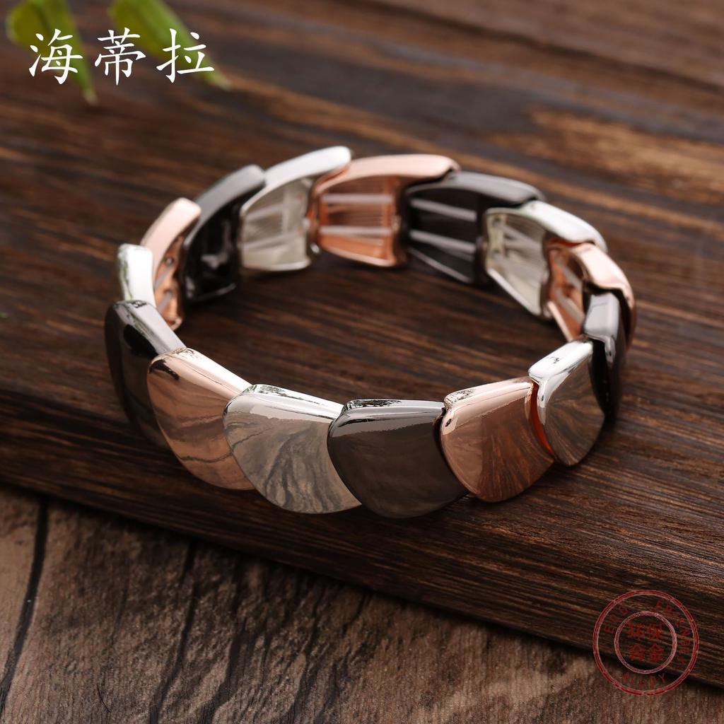 Glossy Three-color Fish Scale Splicing Alloy Bracelet, Hip-hop Exaggerated Men's and Women's Fashion Elastic Bracelet