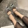 Crystal Bow Low Heel Single Round Toe Shallow Mouth Slip Strap Soft Sole Non-Slip Shoes French Women's New Shallow Bow Flats