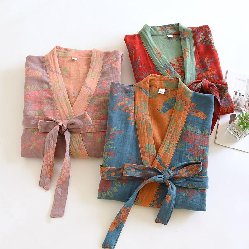 Spring Jacquard High Quality Color Woven Cotton Double Layer Gauze Sleeping Robes for Women Medium Length Yukata Bathrobe