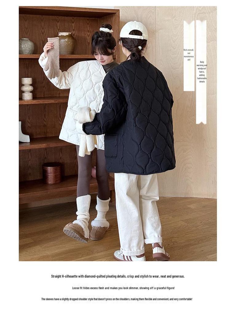 Bomullsjacka för dam i koreansk stil med diamantmönster, kraglös - Kort, sömlös, lättviktig för höst & vinter