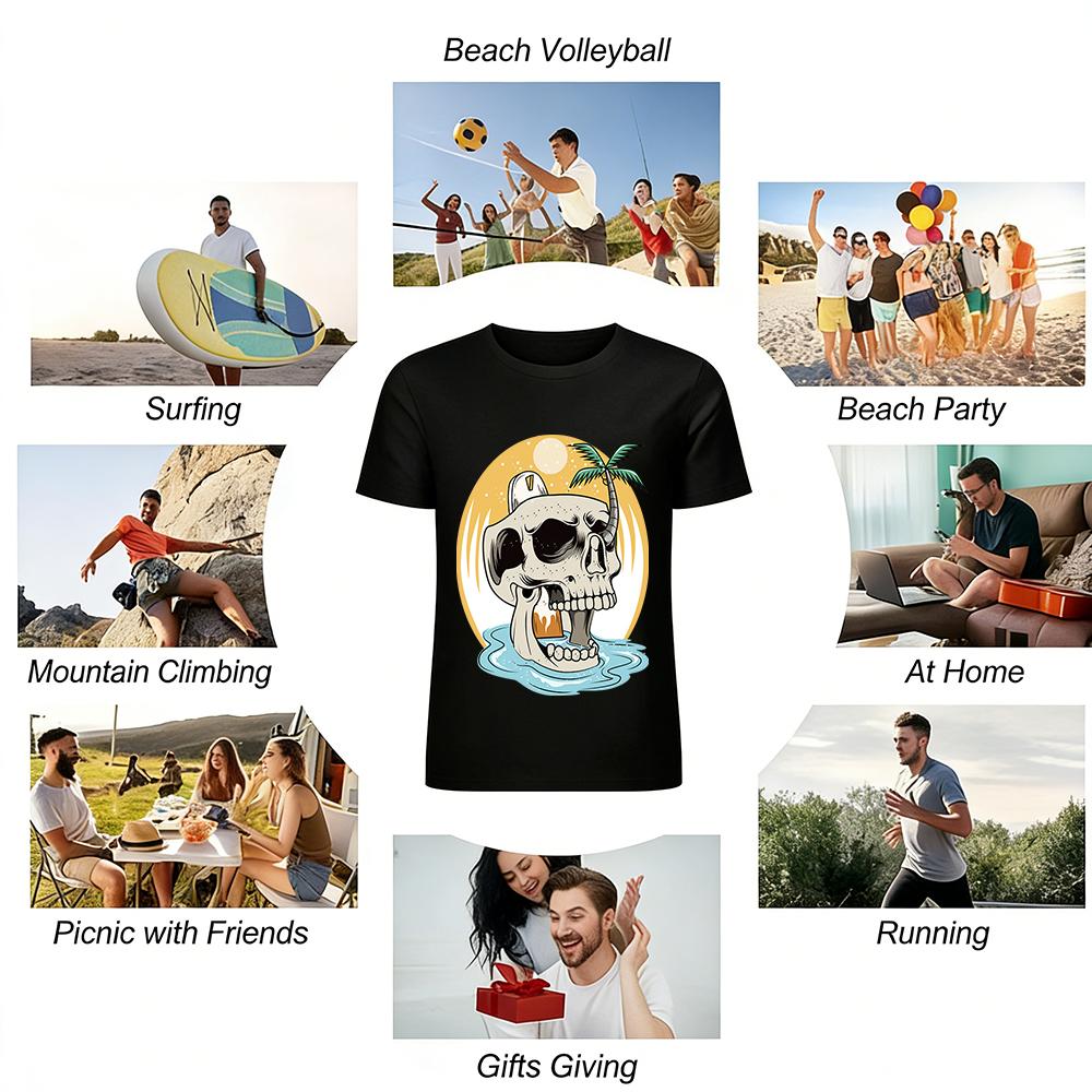 Vintage Island Skull Surf Print Short Sleeve T-Shirt Pure Cotton T-shirt