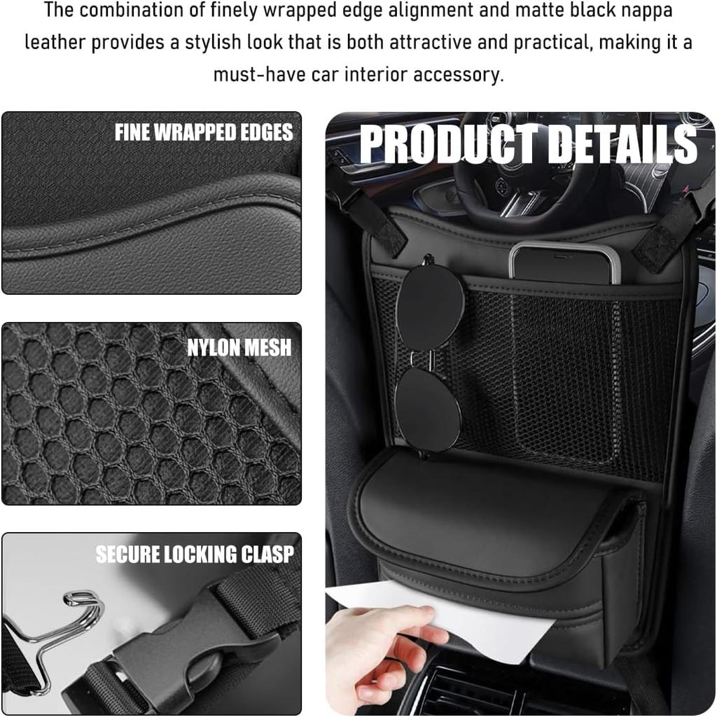 Car Organizer Storage Between Seats, Nappa Leather Front Seat Storage Bag with Tissue Holder, Automotive Console Hanging Net Pocket Handbag Holder