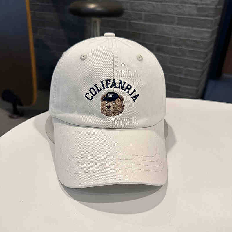 Women's Baseball Cap for Spring and Summer, Korean Style, Casual, with Bear Head and Letter Embroidery, Pure Cotton, Curved Brim, Denim Blue