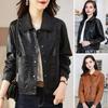 Chaqueta de PU para mujer Superficie lisa Cuello vuelto Abotonadura sencilla Manga larga Bolsillos Retro