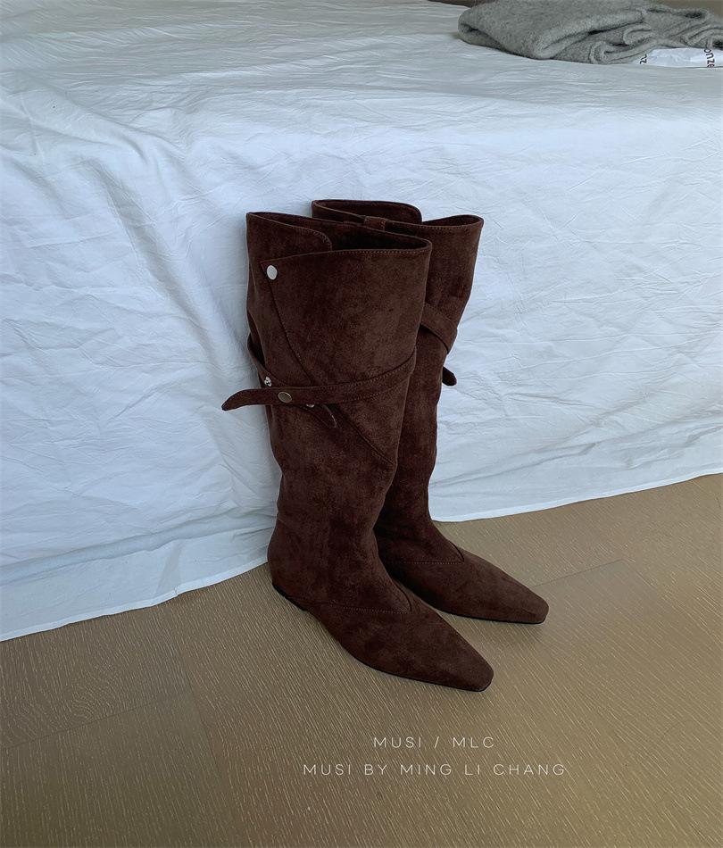 2025 Autumn and Winter New Square Head Slack Two Wear Tall Boots Velvet Simple Bag Legs Slope Heel Boots Women