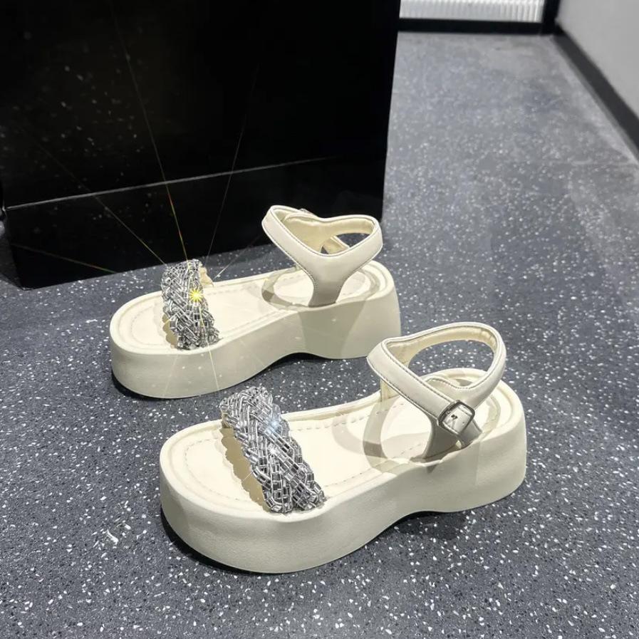 

2025 summer new rhinestone Roman sandals female cross strap muffin platform fairy wind wear fashion beach shoes 40