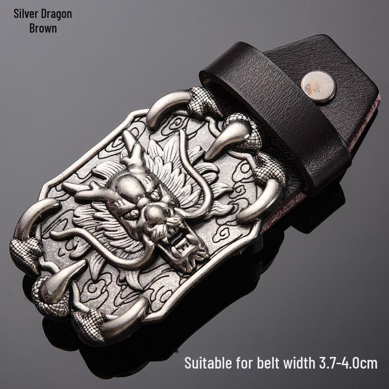Tiger Head Alloy Western Cowboy Leather Belt with Smooth Buckle