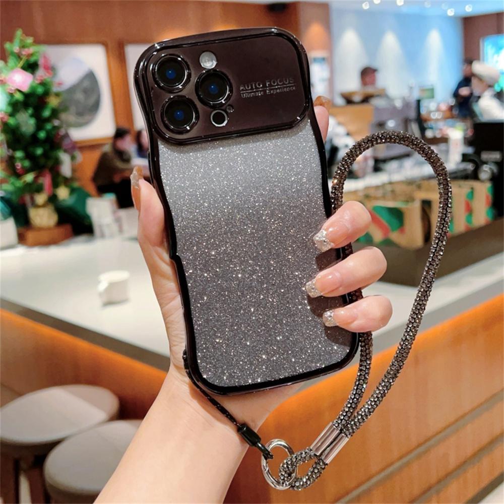 

For iPhone 16 Pro Max Case with Strap Gradient Glitter Electroplating TPU Phone Cover E