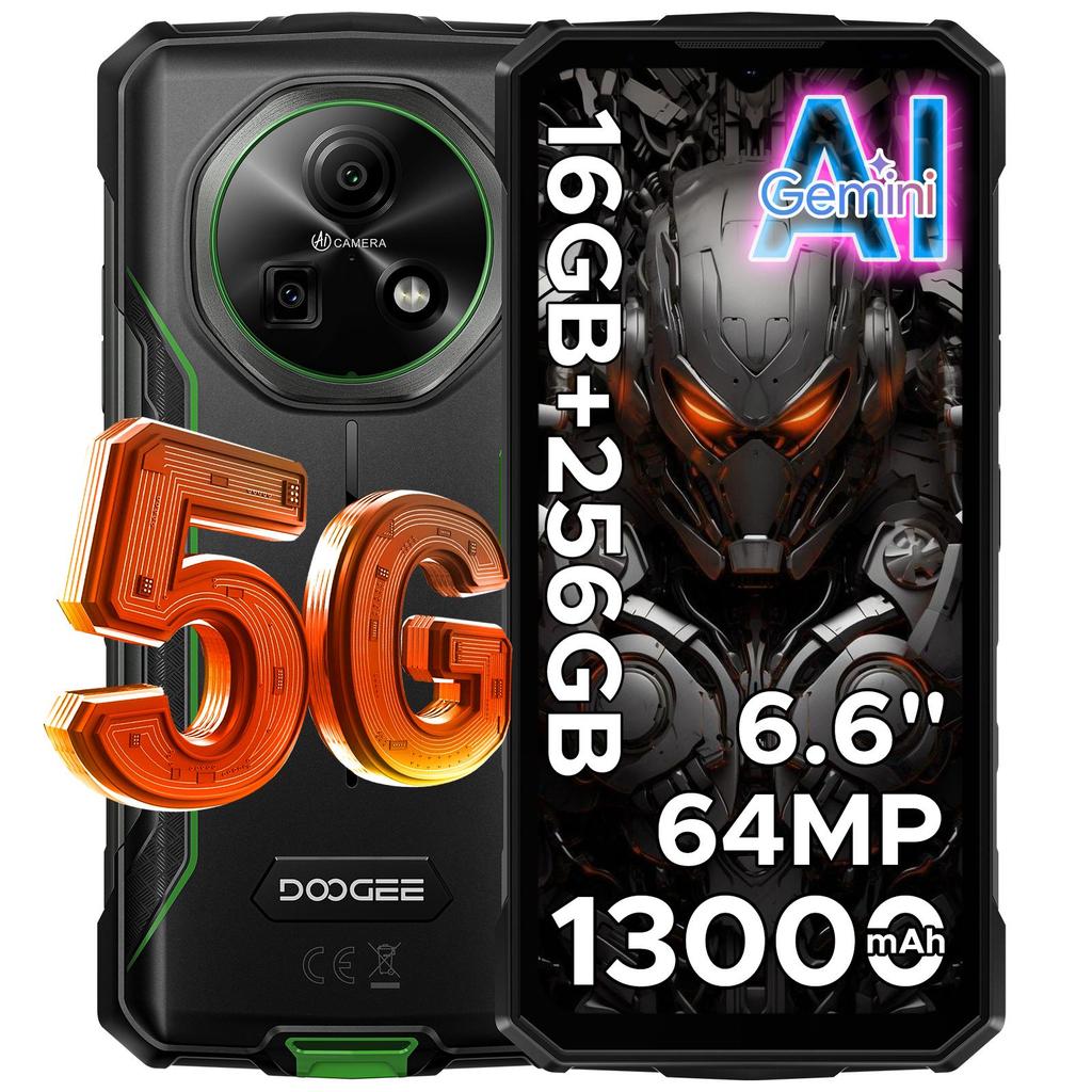 DOOGEE Fire 7 Rugged Smartphone 5G, Android 15, 13000mAh/18W, 16GB+256GB/2TB, 6.6” HD+ 90Hz Octa-Core Android Phone, 64MP+16MP