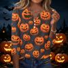 Women's Casual Halloween Print V Neck Button Three Quarter Sleeve T Shirt Top Lightweight Comfortable Fit for Seasonal Wear