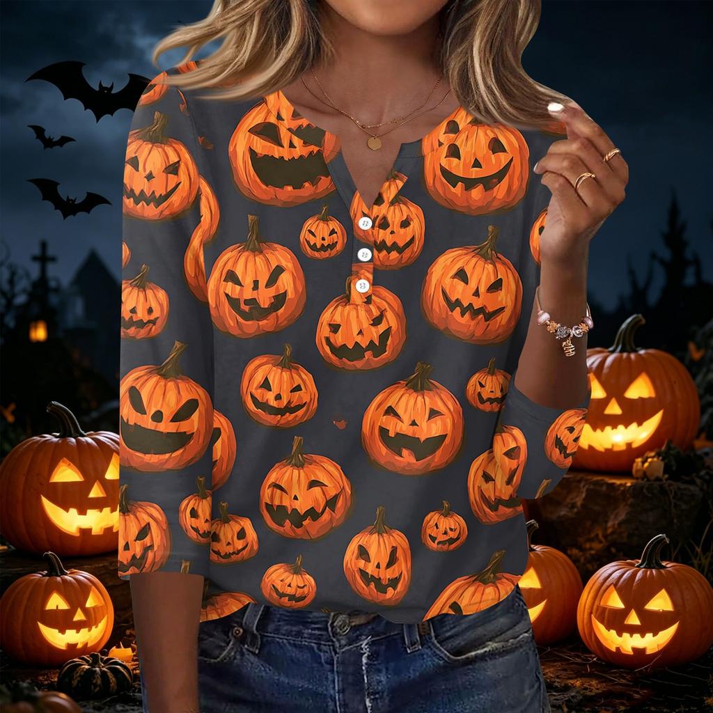 Women's Casual Halloween Print V Neck Button Three Quarter Sleeve T Shirt Top Lightweight Comfortable Fit for Seasonal Wear