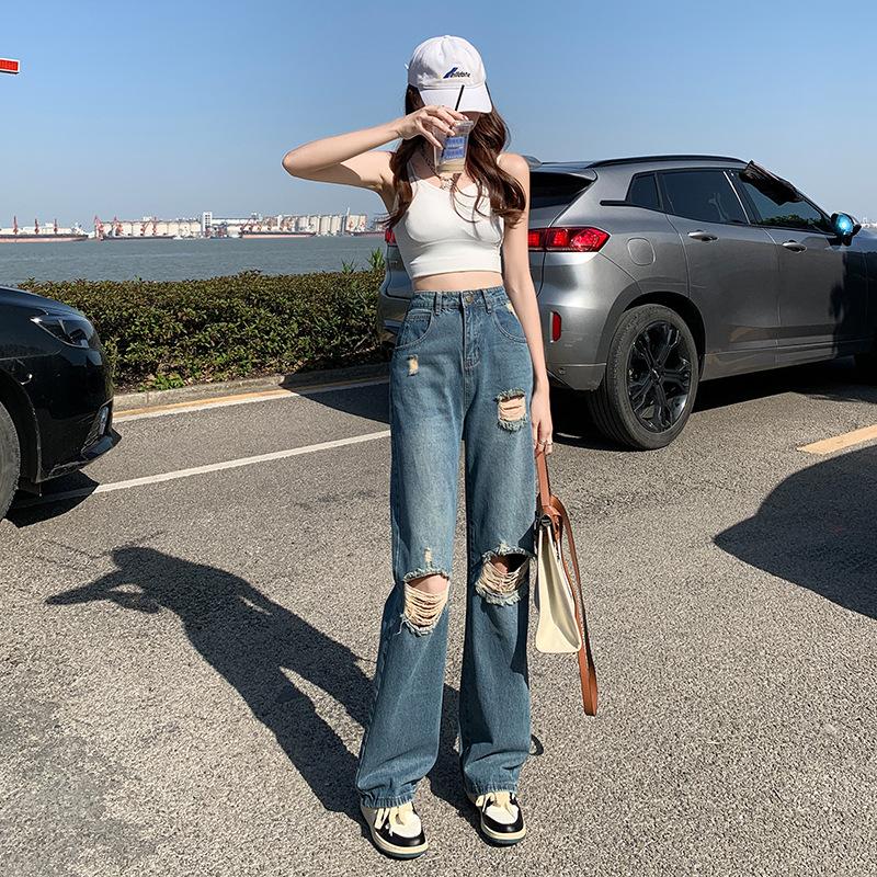 Jarní a letní roztrhané džíny dámské retro trendy kalhoty s vysokým pasem a širokými nohama