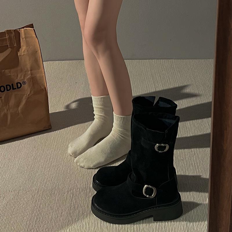 Women's Shoes Platform Martin Boots Women's Autumn and Winter Retro Maillard Metal Buckle Short Cowboy Boots Medium Tube Stack Thin
