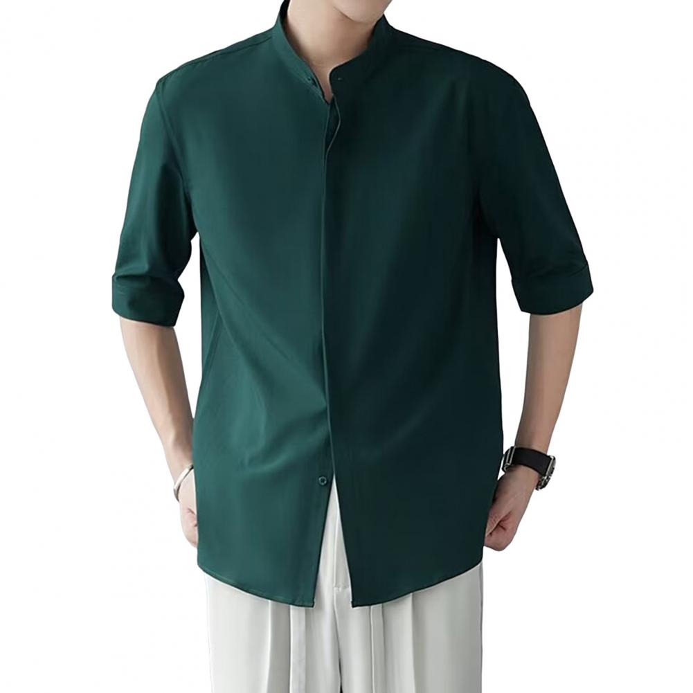 

Чоловіча сорочка в новому китайському стилі з коміром-стійкою, суцільний колір, вільні середні рукави, повсякденний щоденний одяг середньої довжини, офісний топ M зелений