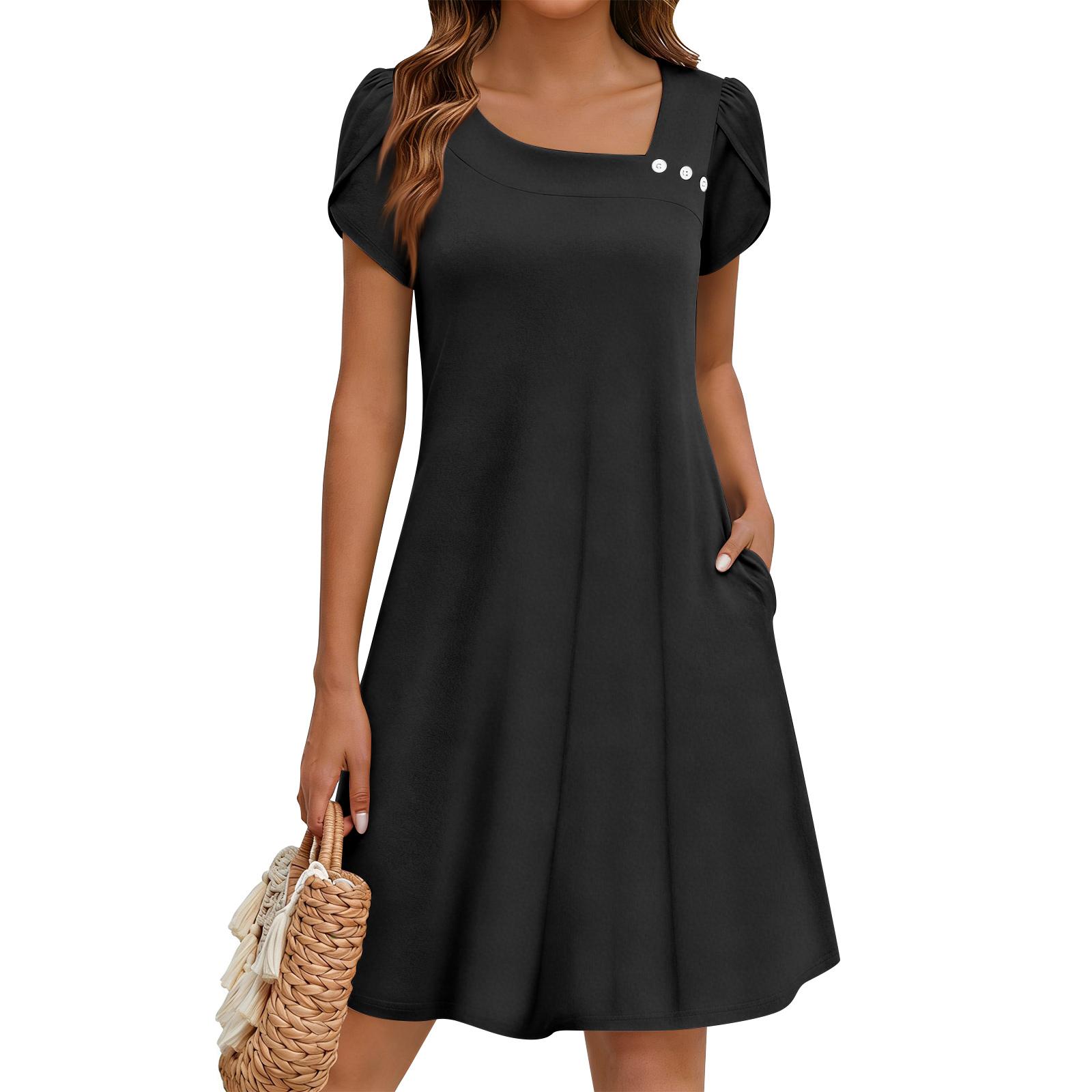 Women s Floral Print Dress With Short Sleeves And Pockets Casual Floral Print Dress XXL чёрный