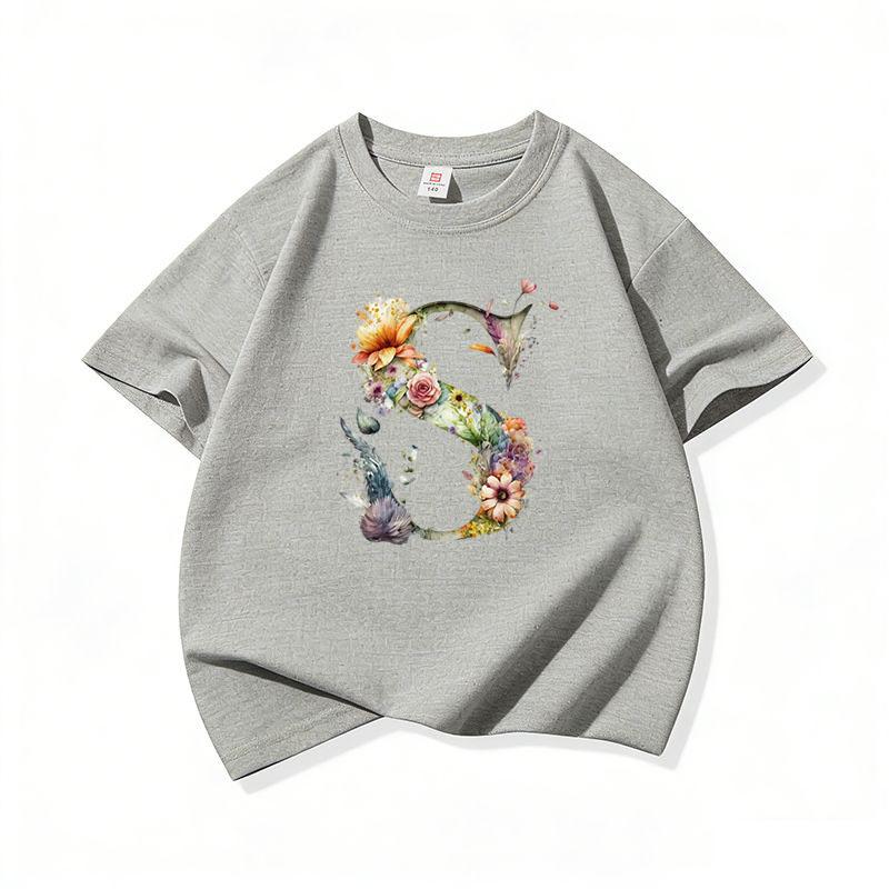Kids Cotton T Shirt Floral Letter S Print Crew Neck Short Sleeve Tee Casual Boys Girls Summer Tops