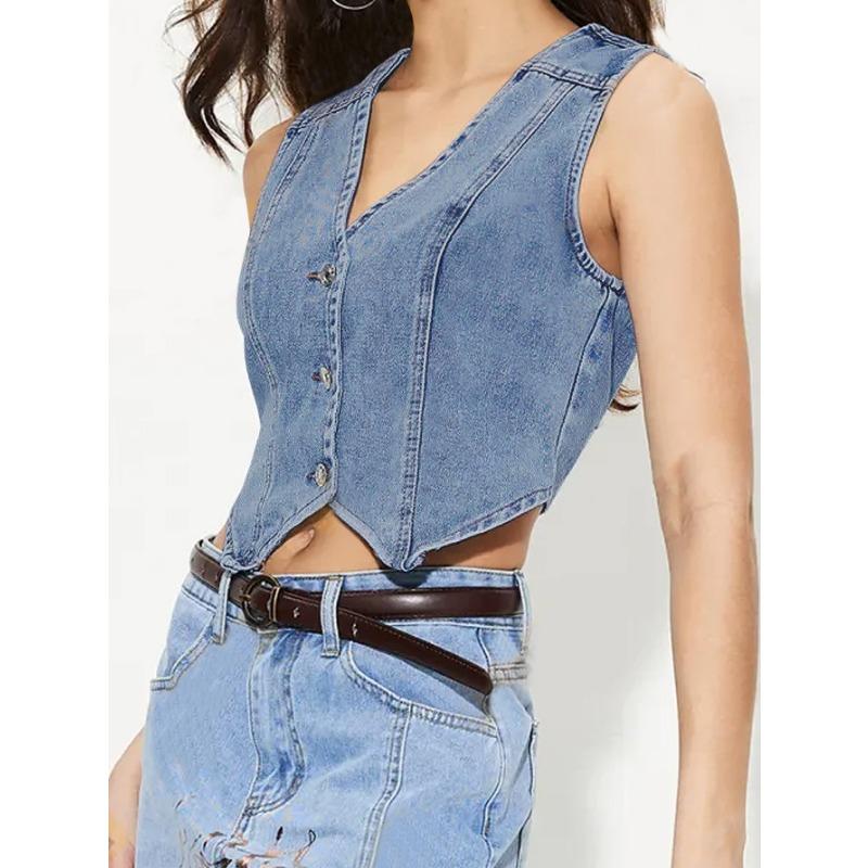 Kadınlar için Yeni V Yaka Denim Yelek Üst