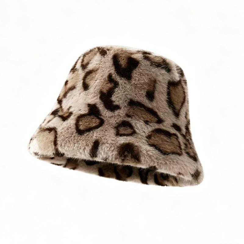 Zeyu New Fashion Leopard Print Cashmere Bucket Hat Women Winter Thick Warm Plush Fisherman Cap Casual Outdoor Party Travel Daily